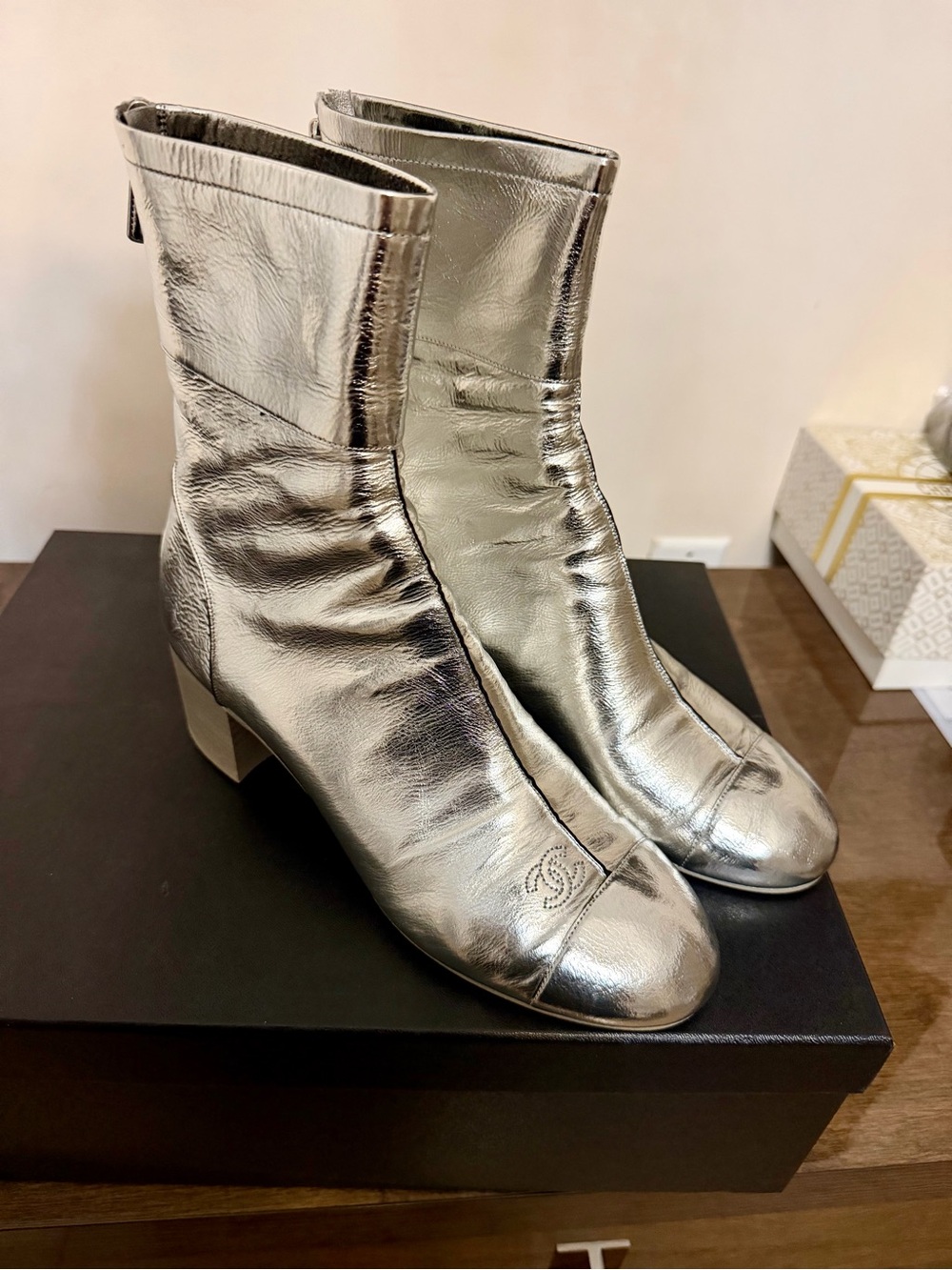 CHANEL Metallic Silver Leather Ankle Boots